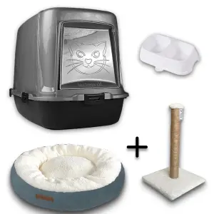 XXL Kattentoilet voor binnen + Bagelbed + Krabpaal + Voerbak cadeau kattenset-XXLK1