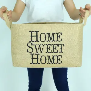 Jut stoffen mand rechthoekig Home Sweet Home decoratieve speelgoedopbergmand groot formaat 40 cm x 25 cm x 30 cm